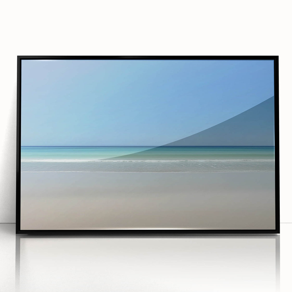 Framed acrylic artwork showcasing a serene beach landscape with calming blue skies and gentle waves, featuring a sleek black frame for a modern touch. Ideal for enhancing coastal-themed decor in any room.