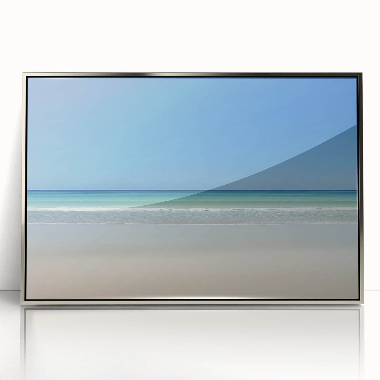 Framed acrylic landscape artwork depicting serene beaches, featuring vibrant colors and a sleek silver frame, ideal for enhancing modern home decor. This piece captures the tranquil essence of coastal scenery, making it a perfect focal point in living spaces or offices.