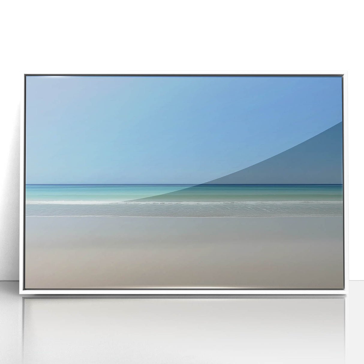 Framed acrylic artwork showcasing a serene beach landscape with vibrant colors and gentle waves, perfect for home decor or office ambiance. Ideal for coastal-themed interiors.