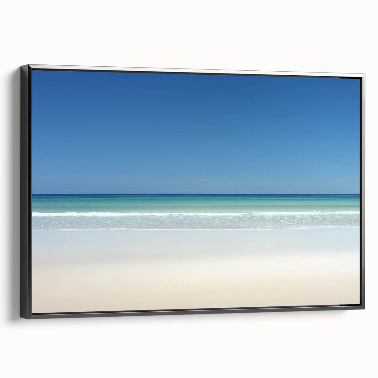 Framed canvas artwork showcasing a stunning beach landscape with vibrant colors, set in a sleek black frame, ideal for enhancing home decor or beach-themed spaces.