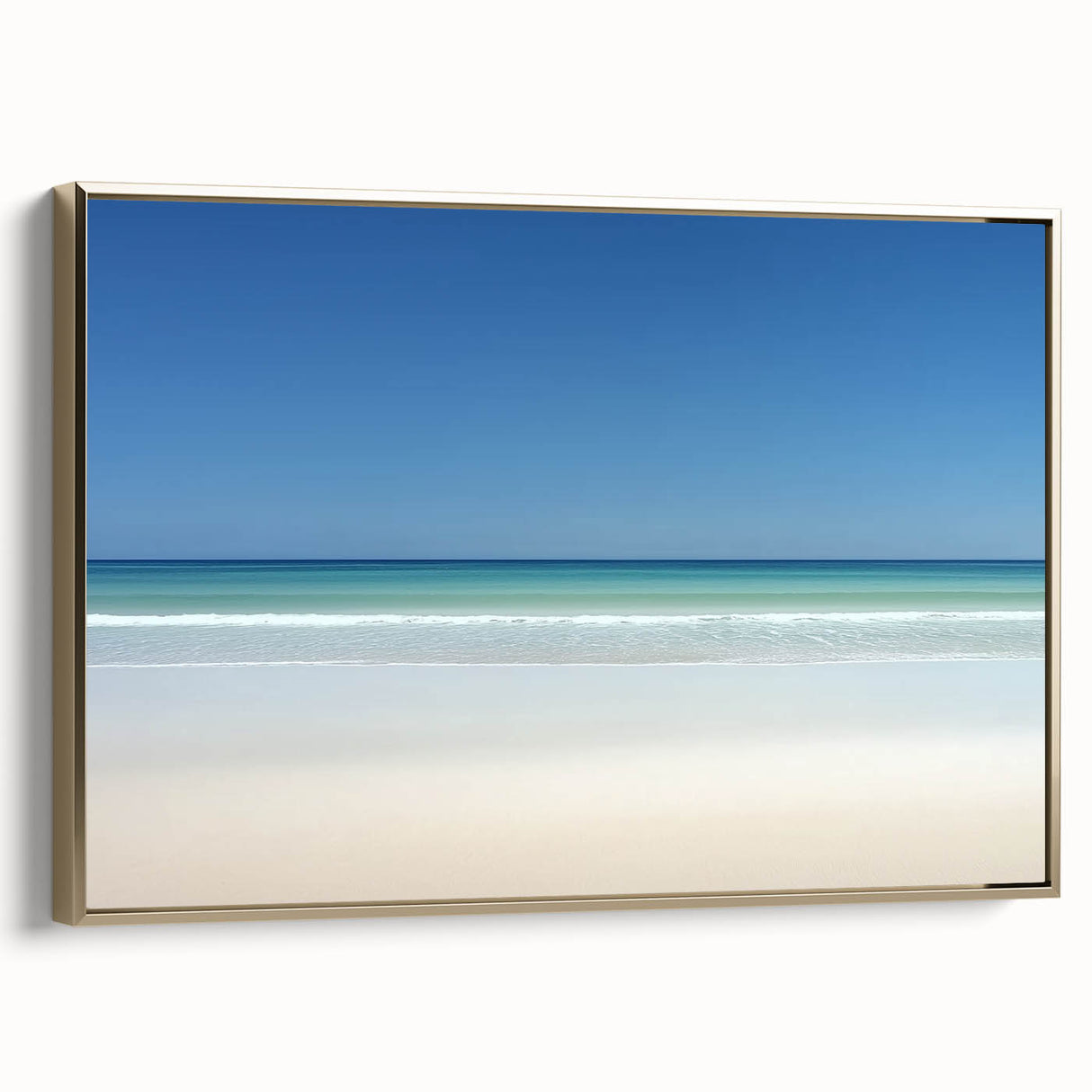 Framed canvas artwork showcasing a serene beach landscape with golden accents, highlighting the vibrant blues of the ocean and soft sandy hues, perfect for coastal decor.
