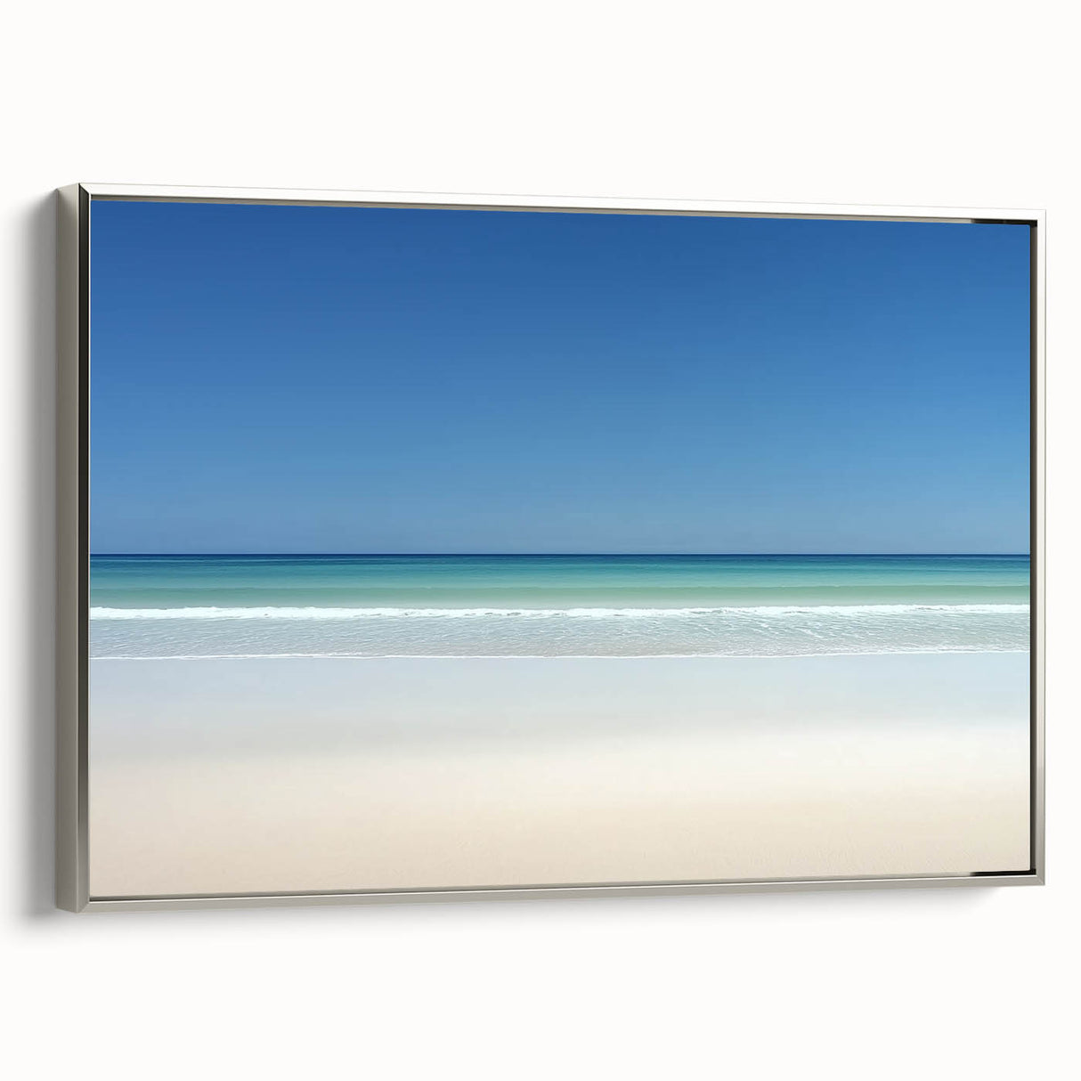 Framed canvas artwork depicting a serene beach landscape with vibrant colors, silver frame accentuating the scene, perfect for coastal home decor.