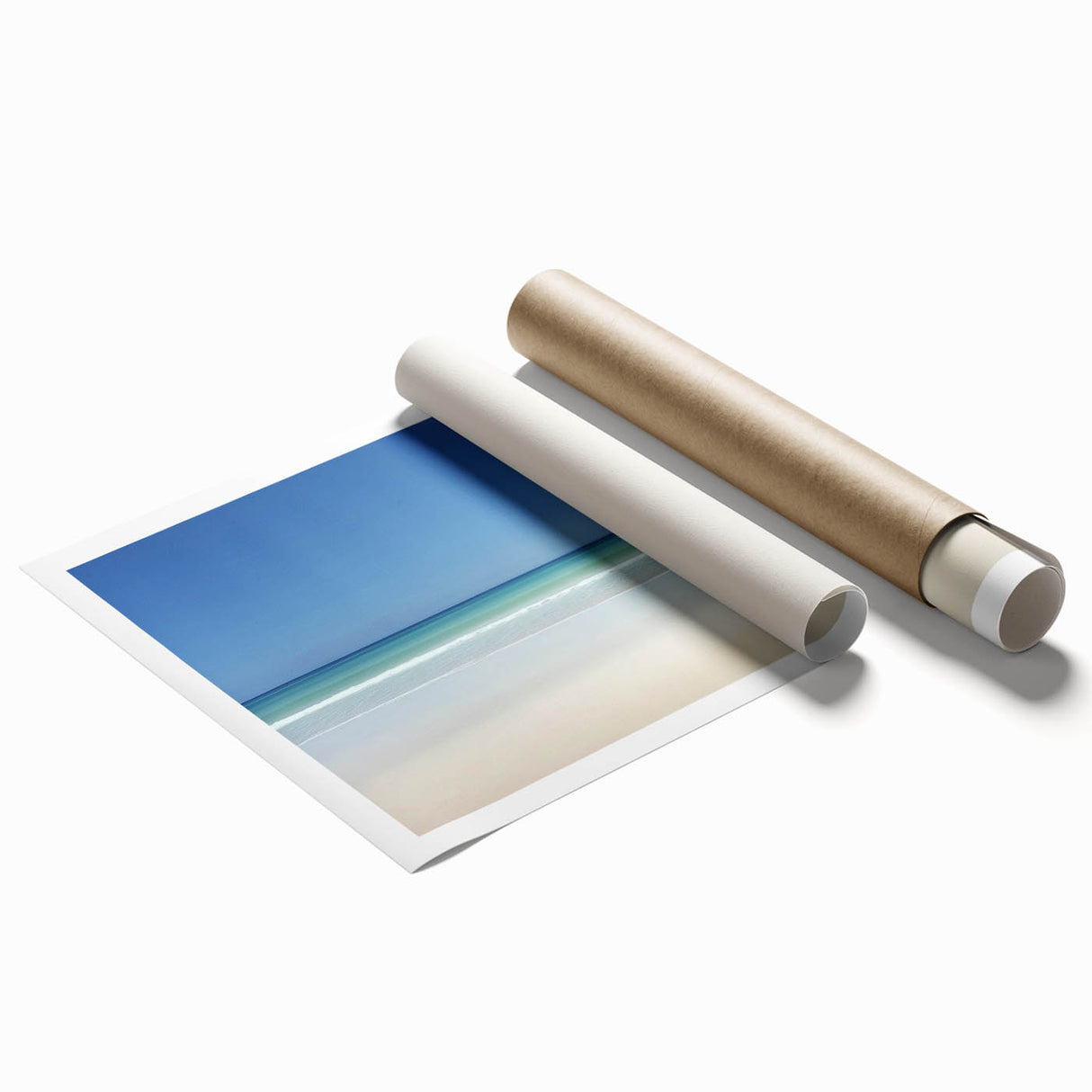 Vibrant landscape print showcasing a serene beach scene with gentle waves and soft sand, rolled for easy transport, ideal for coastal decor enthusiasts.