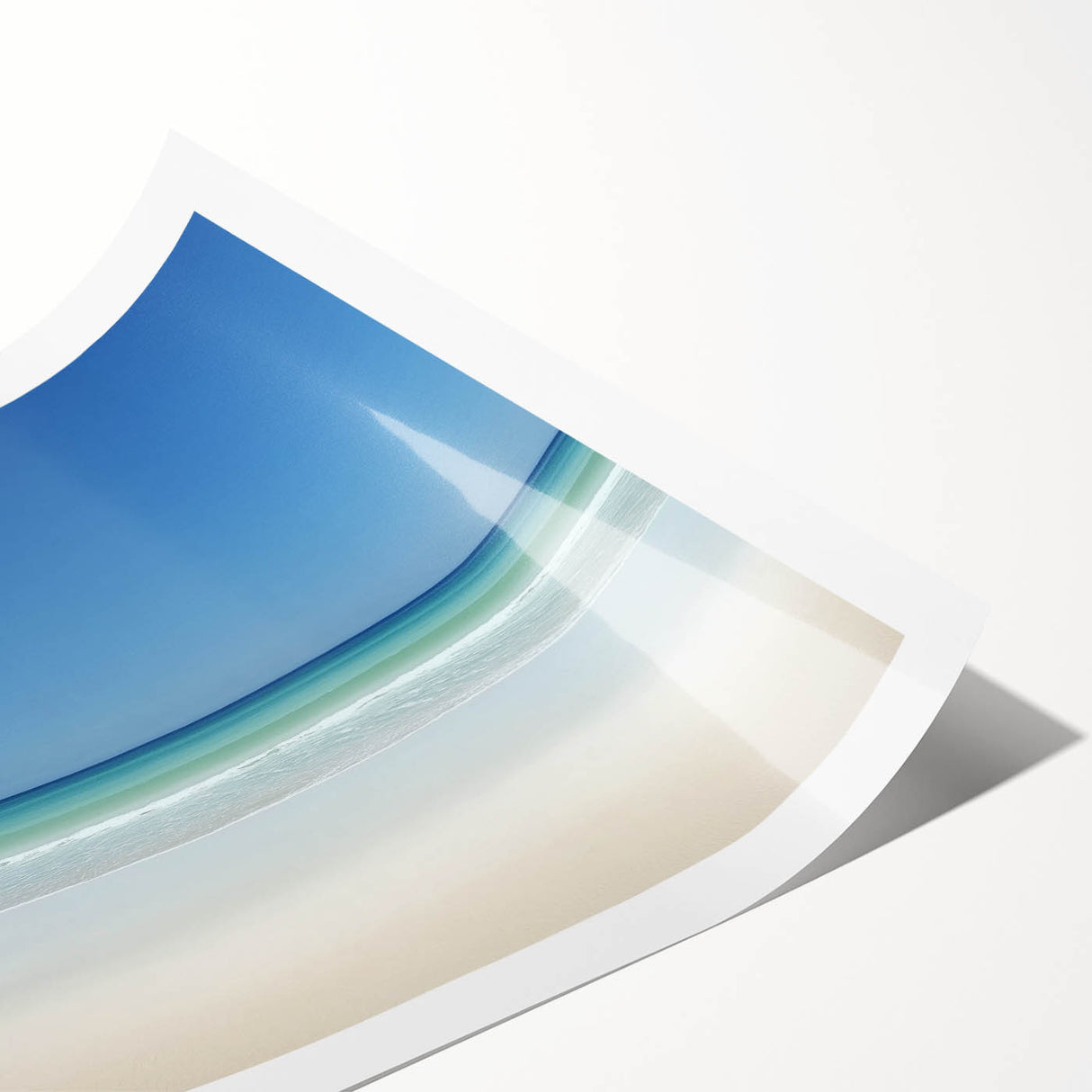 Rolled print showcasing a vibrant beach landscape with azure skies and golden sands, elegantly packaged in a protective cardboard tube for easy shipping.