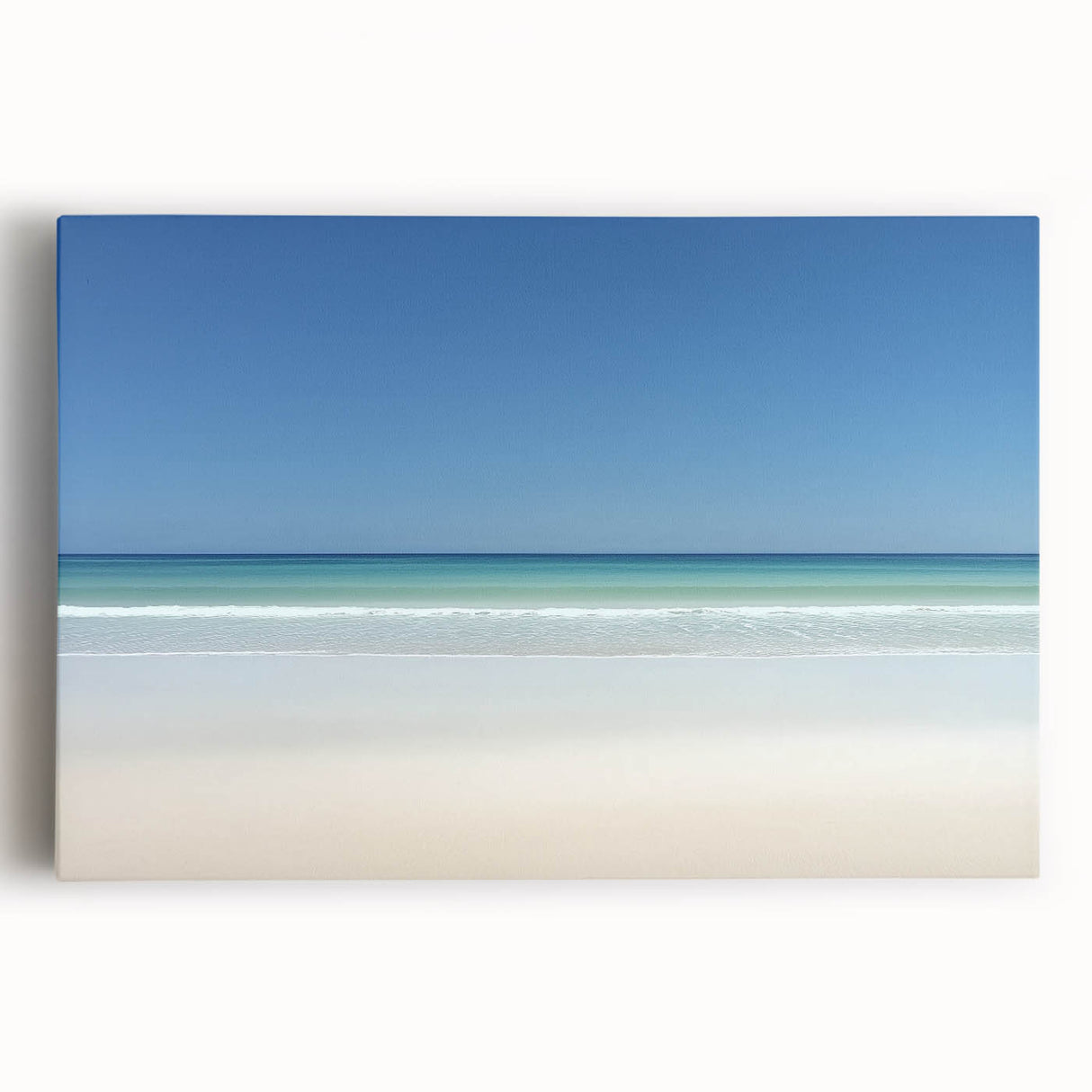 Stretched canvas art depicting a vibrant beach landscape with clear blue skies and gentle waves, ideal for coastal-themed home decor or relaxation spaces.