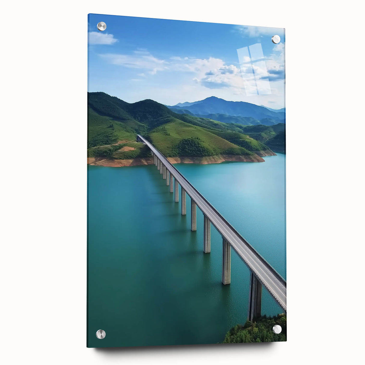 Acrylic landscape bridge model showcasing a sleek side view with polished glass and visible pins, highlighting modern design and craftsmanship. Perfect for interior decor.