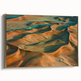 Framed canvas artwork showcasing a stunning desert landscape with golden hues and intricate details, perfect for enhancing home decor and creating a serene atmosphere.