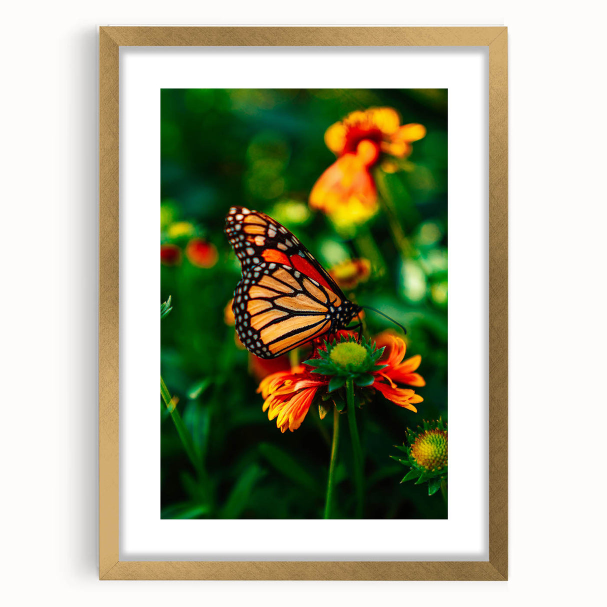 Extra large abstract art print featuring textured layers in vibrant spring hues, framed in gold, ideal for living room decor.