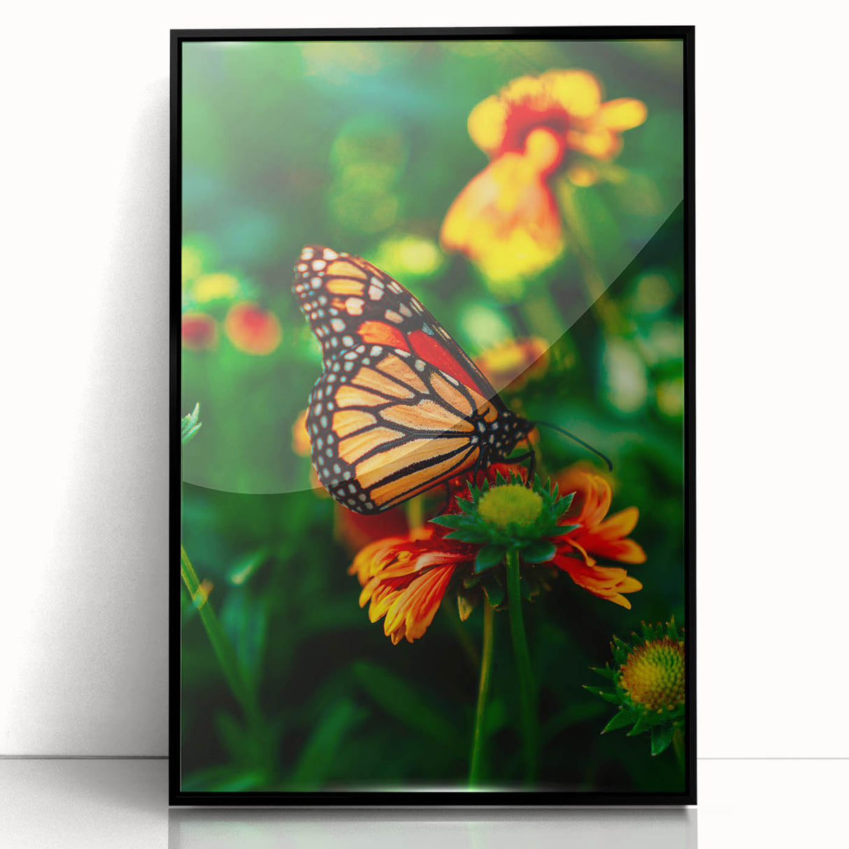 Large abstract wall art featuring mid-century modernist style with vibrant spring hues on a black framed acrylic print.
