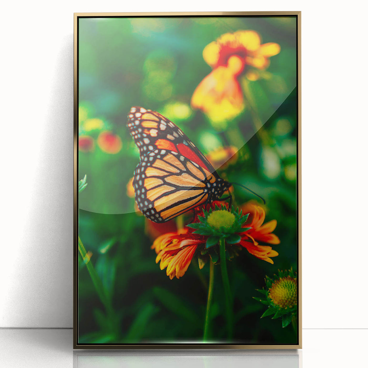 Large art print of a mid-century modernist spring design in soft pastels on acrylic, framed in gold.