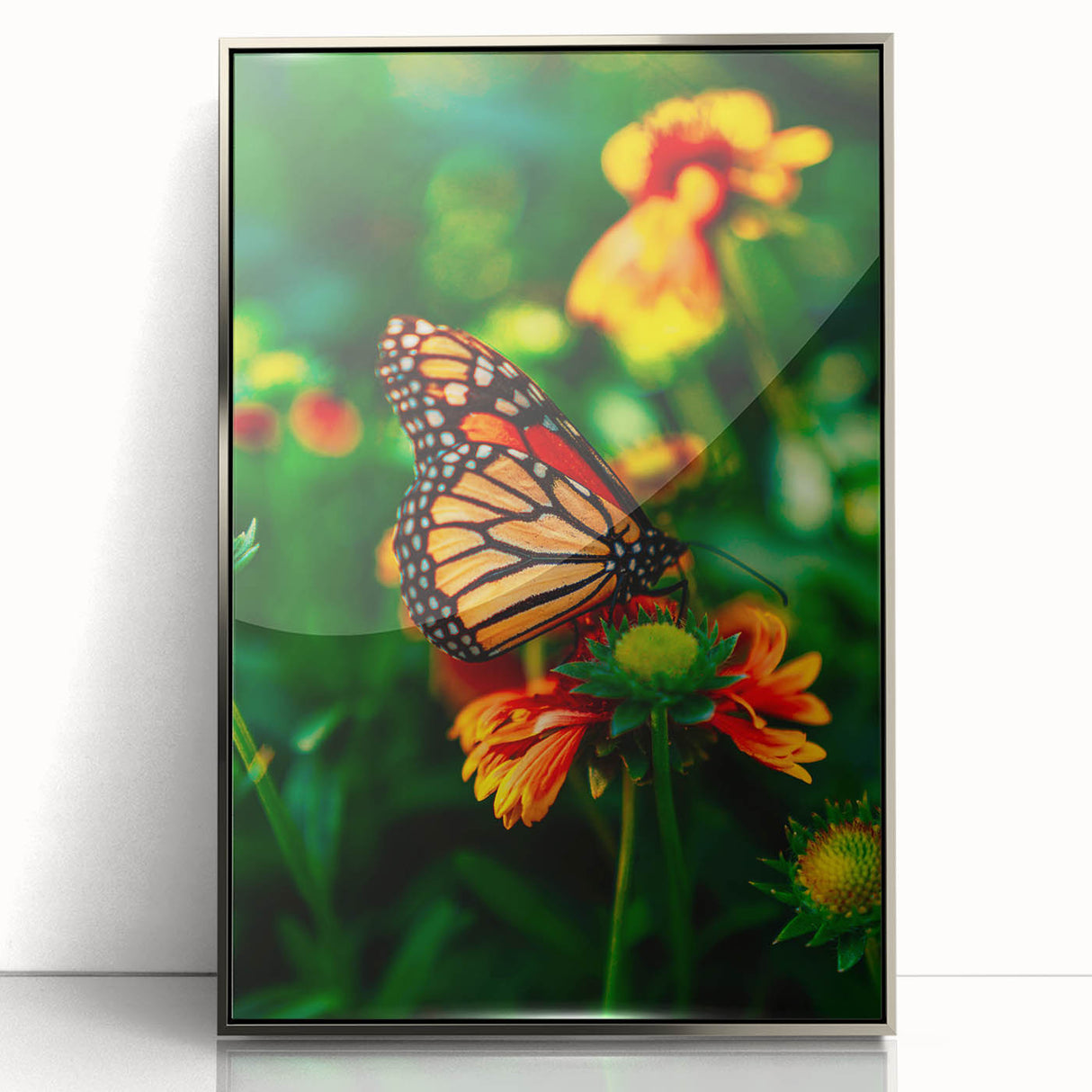 Mid-century modernist art depicting spring season, in silver frame and acrylic, with muted pastel colors.