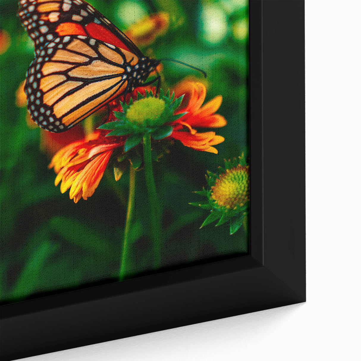 Close-up of a textured, extra large black wall art canvas depicting colorful spring motifs, ideal for living room decor.