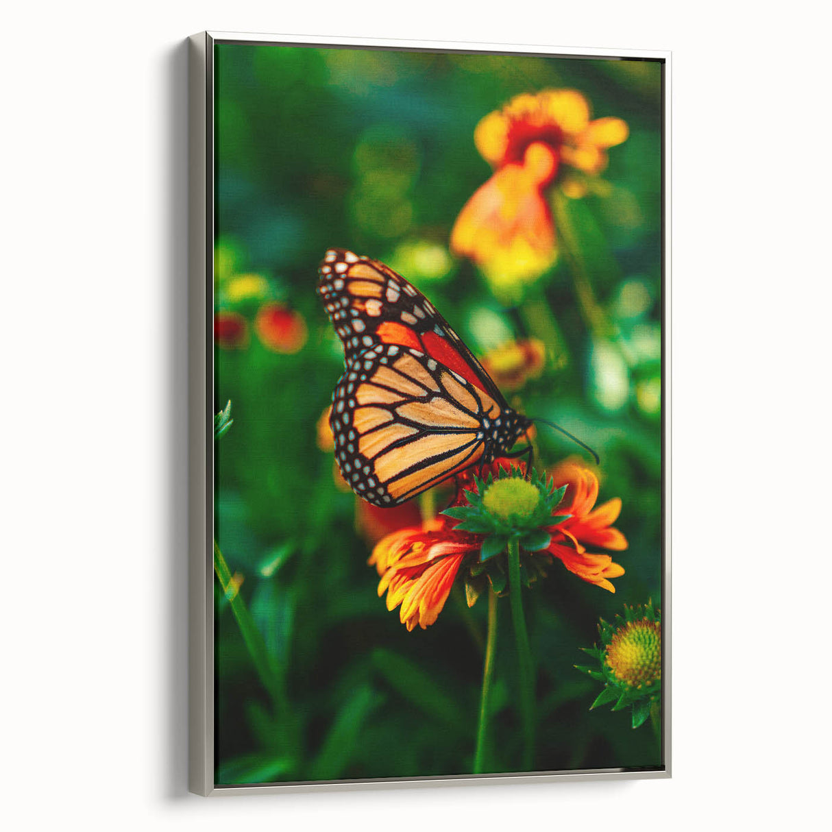 Framed canvas featuring a vintage landscape painting of spring, with colorful trees and a black background.
