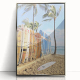 Mid-century modernist art poster featuring geometric shapes in muted pastel colors, framed in silver.