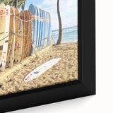 Close-up of extra large black wall art featuring colorful, textured abstract design on framed canvas.