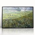 Large abstract wall art featuring swirling blue and yellow patterns on acrylic, framed in black.
