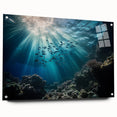 Side view of an acrylic glass artwork depicting a serene cave landscape, showcasing vibrant colors and intricate details, mounted with pins for easy display.