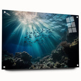 Side view of an acrylic glass artwork depicting a serene cave landscape, showcasing vibrant colors and intricate details, mounted with pins for easy display.