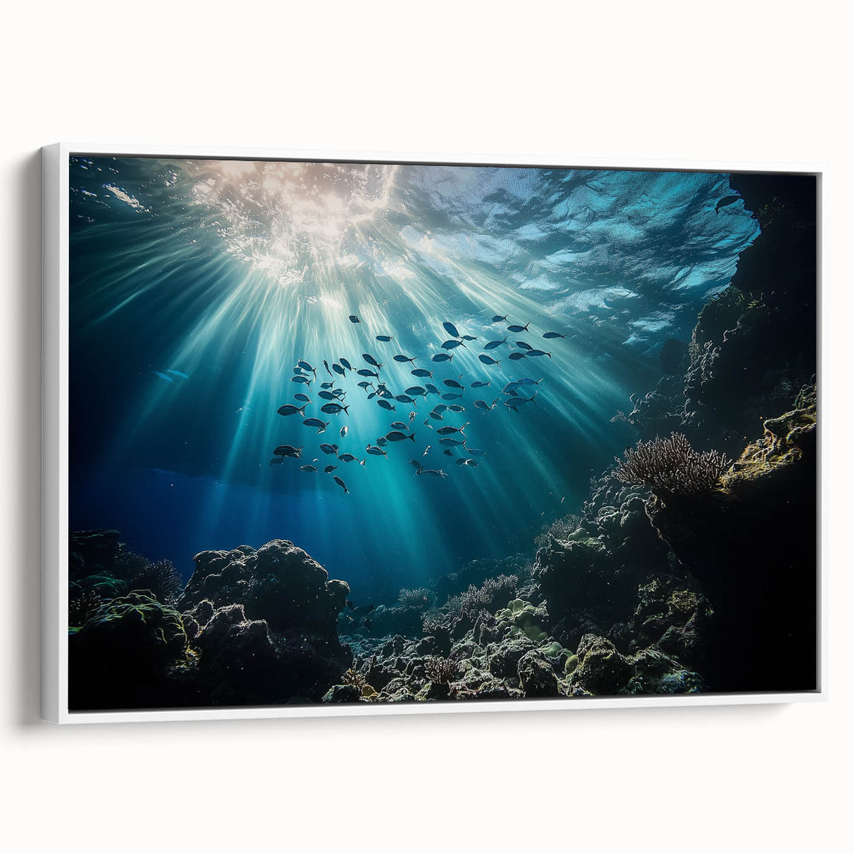 Framed canvas artwork depicting a serene landscape with caves, featuring soft colors and intricate details, perfect for home decor or office spaces.