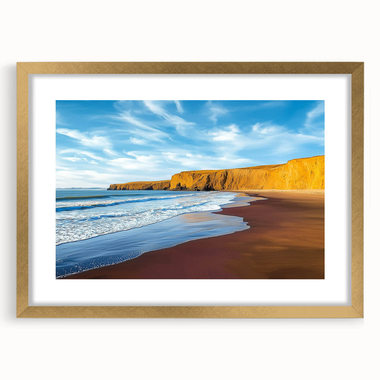 Elegant gold-framed landscape art print showcasing dramatic cliffs under a vivid blue sky, highlighted by a white mat, perfect for enhancing home decor.