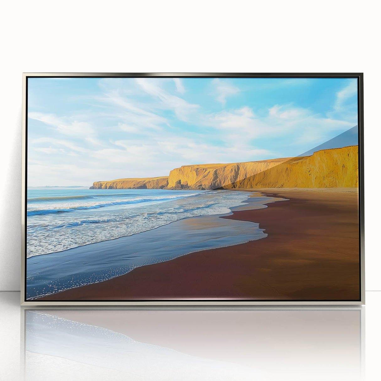 Framed acrylic artwork showcasing a breathtaking landscape of majestic cliffs, featuring rich colors and intricate details in a modern silver frame. Ideal for home decor.