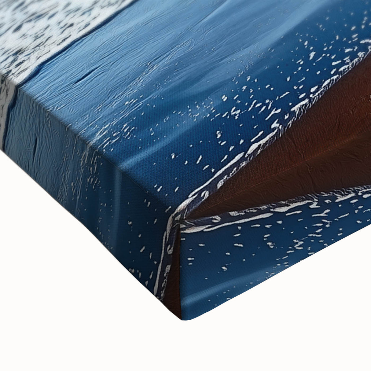 Close-up of a vibrant stretched canvas depicting dramatic cliffs and lush landscapes, showcasing intricate textures and vivid colors, perfect for home decor.