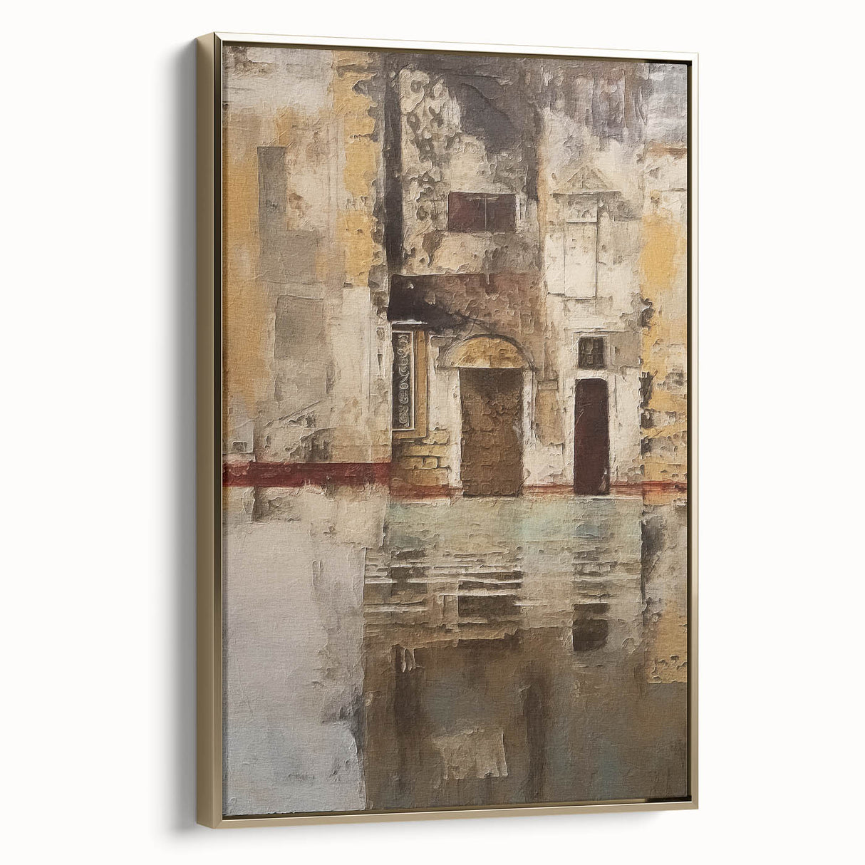 Framed canvas wall art depicting abstract architectural design in gold tones, showcasing modern aesthetics with a sleek side view against a neutral background. Ideal for contemporary home decor.