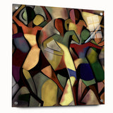 Abstract figurative acrylic artwork displayed on a glass surface, showcasing vibrant colors and dynamic shapes, ideal for modern decor and artistic expression.