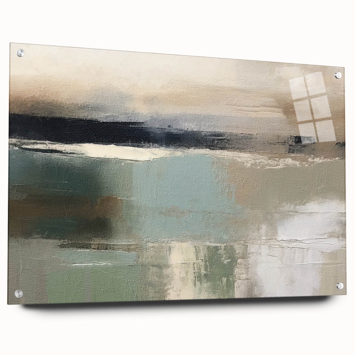Abstract landscape wall art displayed in acrylic glass, showcasing vibrant colors and intricate patterns, secured with pins for a modern aesthetic. Ideal for home decor.