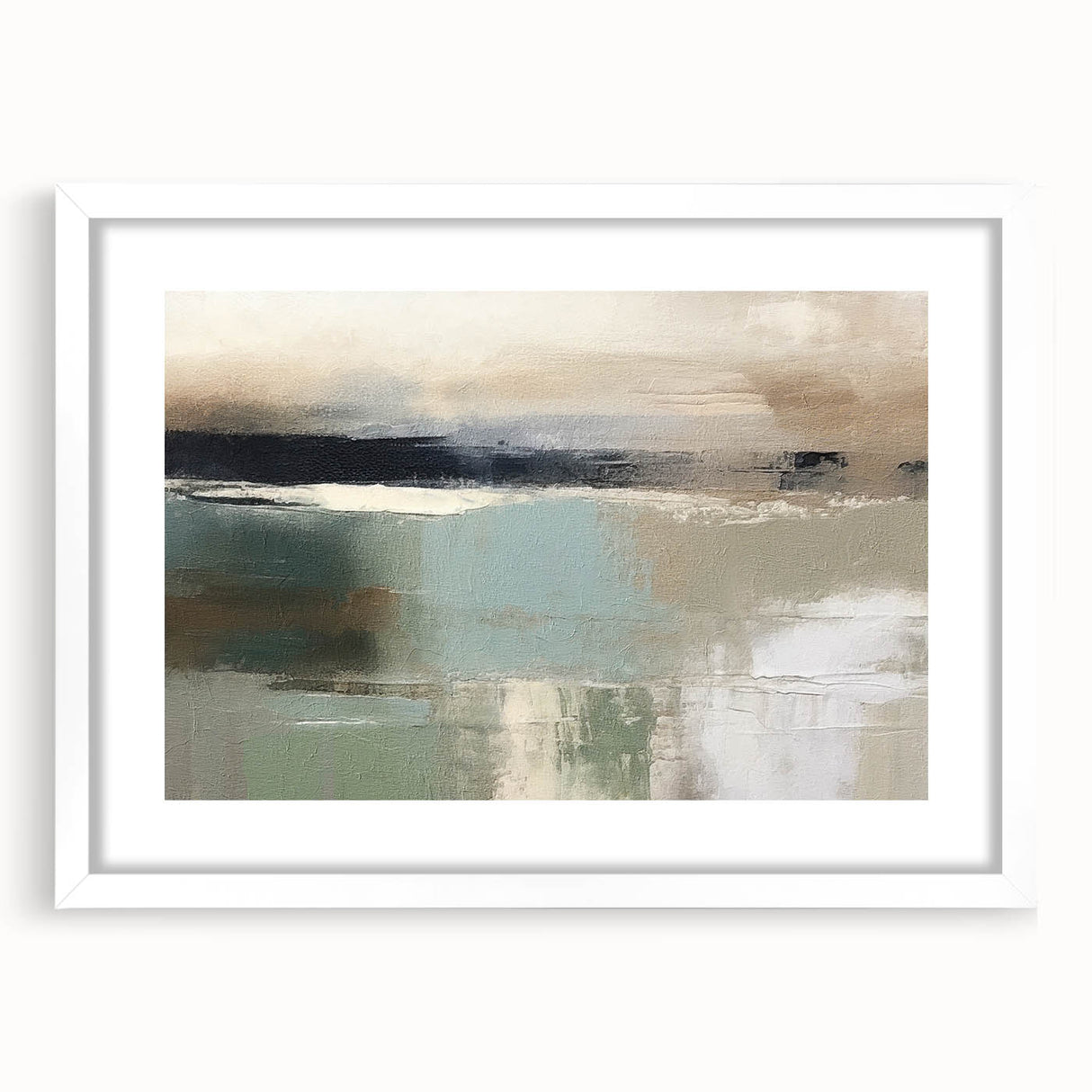 Abstract landscape wall art framed in white, showcasing vibrant colors and intricate patterns, ideal for modern home decor and artistic spaces. The piece combines a serene atmosphere with dynamic shapes, making it a focal point for any room.