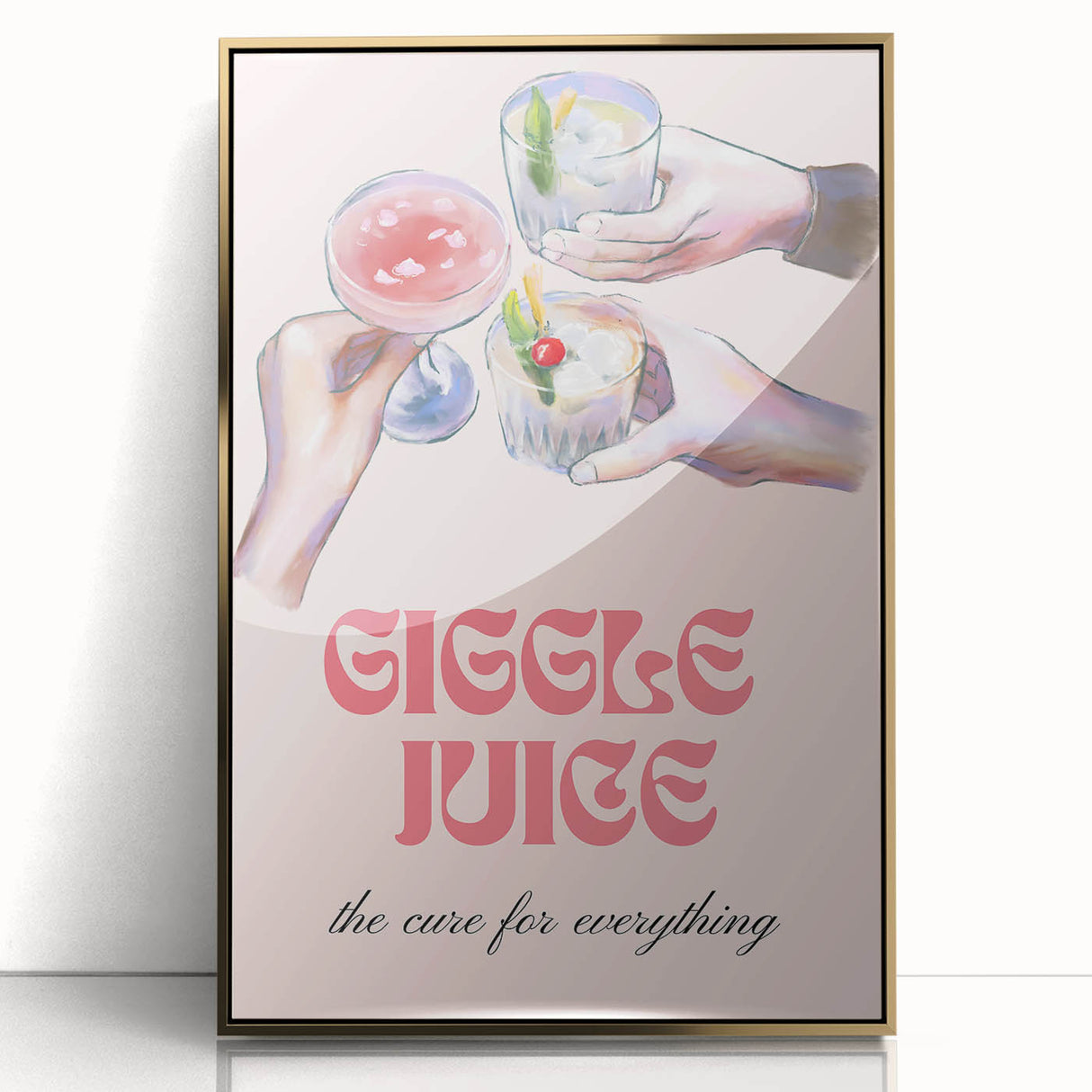 Art deco poster featuring a stylized cocktail, rendered in gold and black tones on a framed acrylic panel.