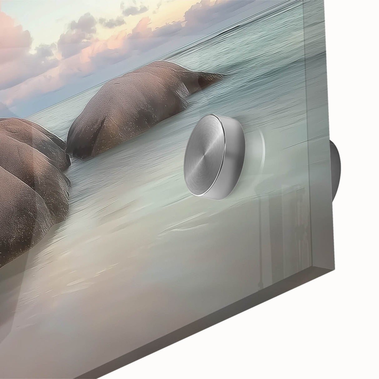 Close-up of a vibrant acrylic glass artwork depicting serene beach landscapes, showcasing rich colors and intricate details, perfect for coastal home decor.