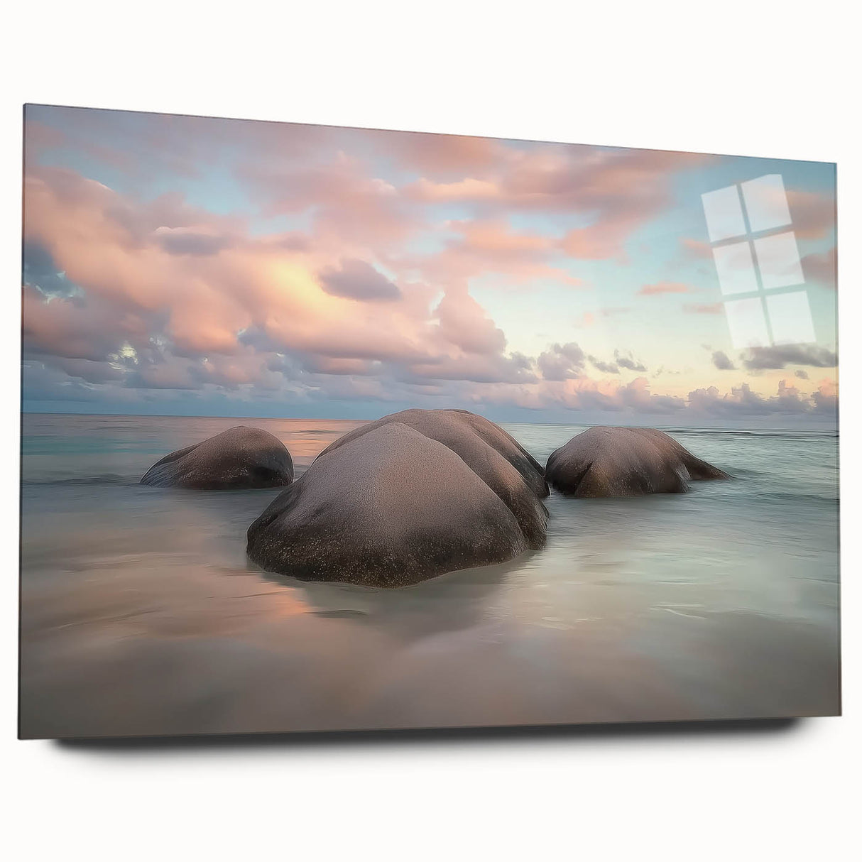 Acrylic glass artwork showcasing a vibrant beach landscape, viewed from the side, highlighting the vivid colors and details of the scene, perfect for coastal-themed decor.