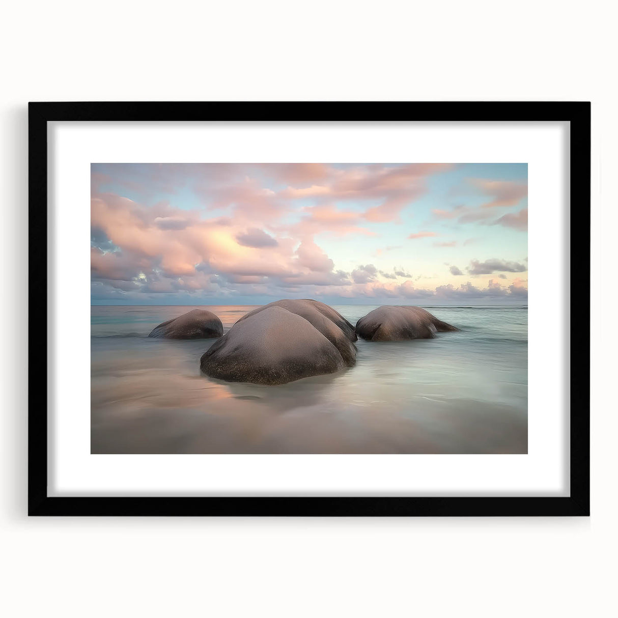 Black framed landscape artwork featuring a serene beach scene with vibrant colors and a white mat, perfect for enhancing home decor and creating a calming ambiance.