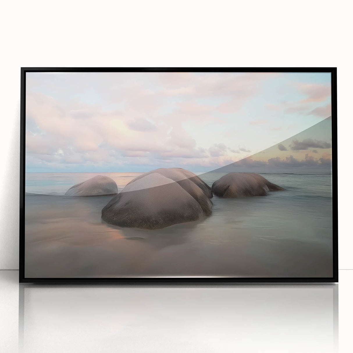 Framed acrylic artwork showcasing a stunning beach landscape with vibrant colors, featuring a black frame that enhances the coastal scenery and adds elegance to any room decor. Perfect for beach lovers looking to enhance their living space with serene ocean views.