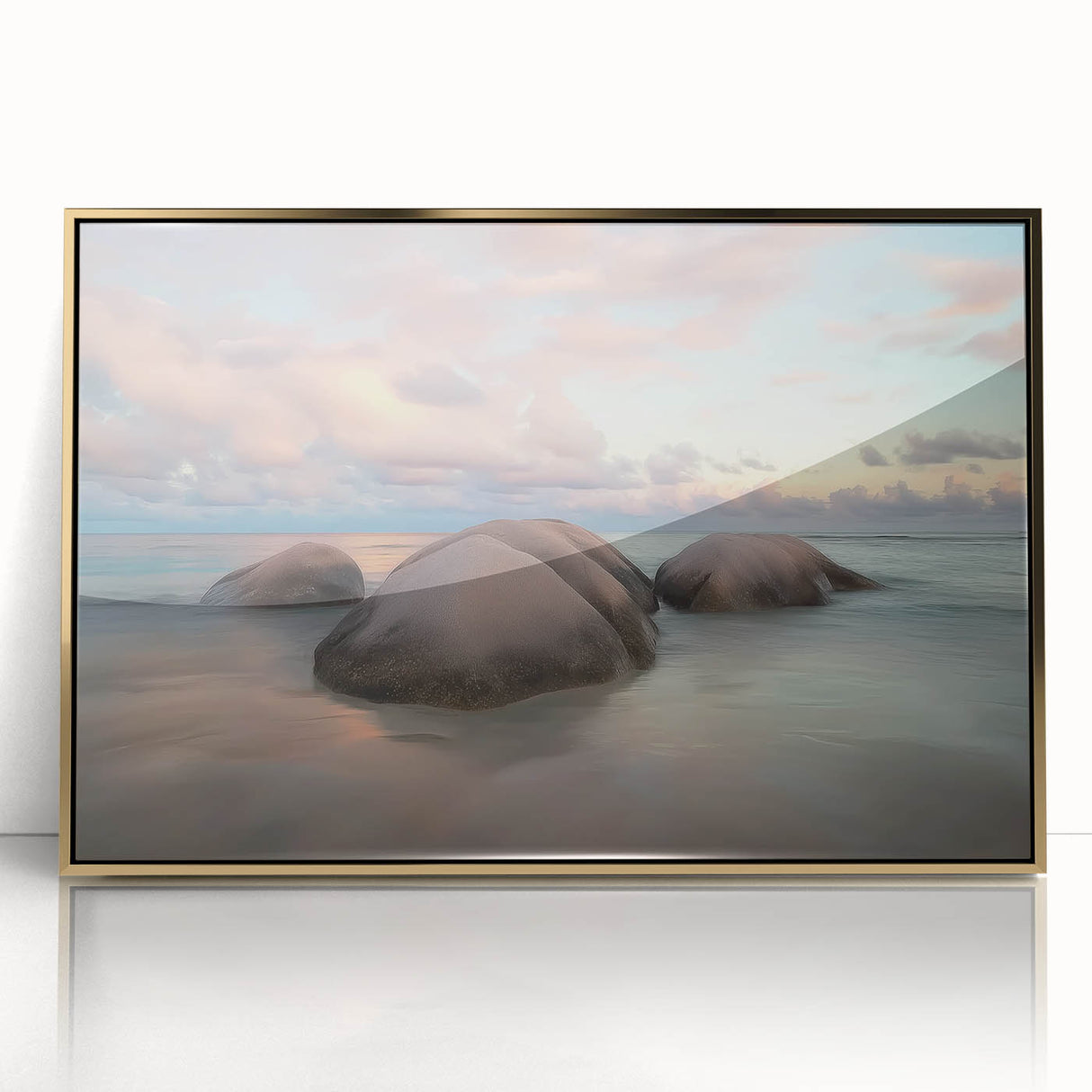 Framed acrylic artwork depicting a serene beach landscape with golden hues, perfect for home decor, adding a touch of elegance and tranquility to any room.