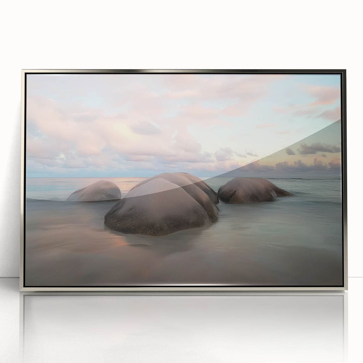 Framed acrylic artwork depicting a serene beach landscape, featuring soft pastel colors and gentle waves, ideal for enhancing home decor and creating a calming atmosphere.
