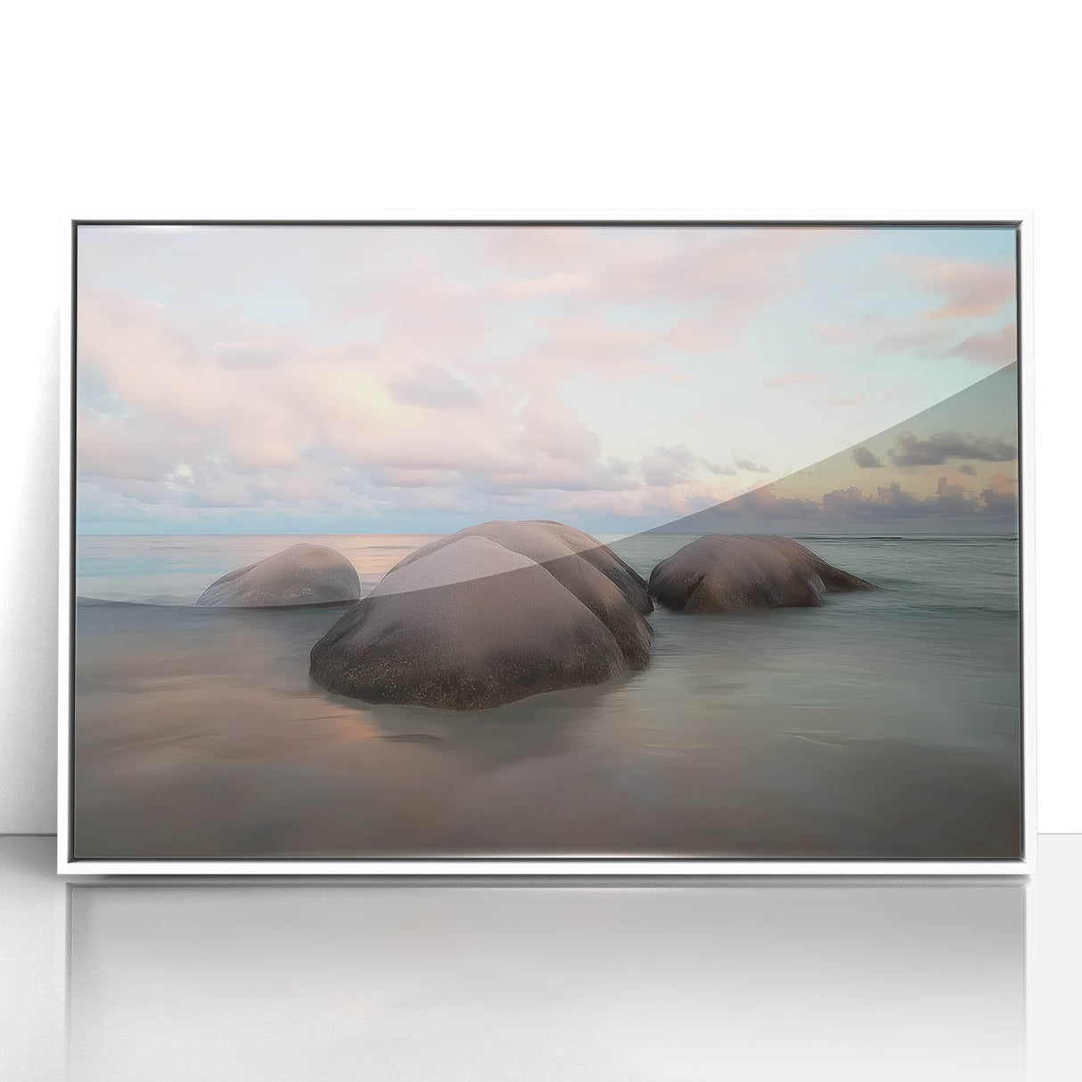 Framed acrylic artwork depicting a serene beach landscape with vibrant colors, ideal for home decor. The piece features a white frame that enhances its aesthetic appeal, perfect for beach lovers looking to elevate their living space.