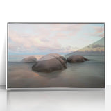 Framed acrylic artwork depicting a serene beach landscape with vibrant colors, ideal for home decor. The piece features a white frame that enhances its aesthetic appeal, perfect for beach lovers looking to elevate their living space.