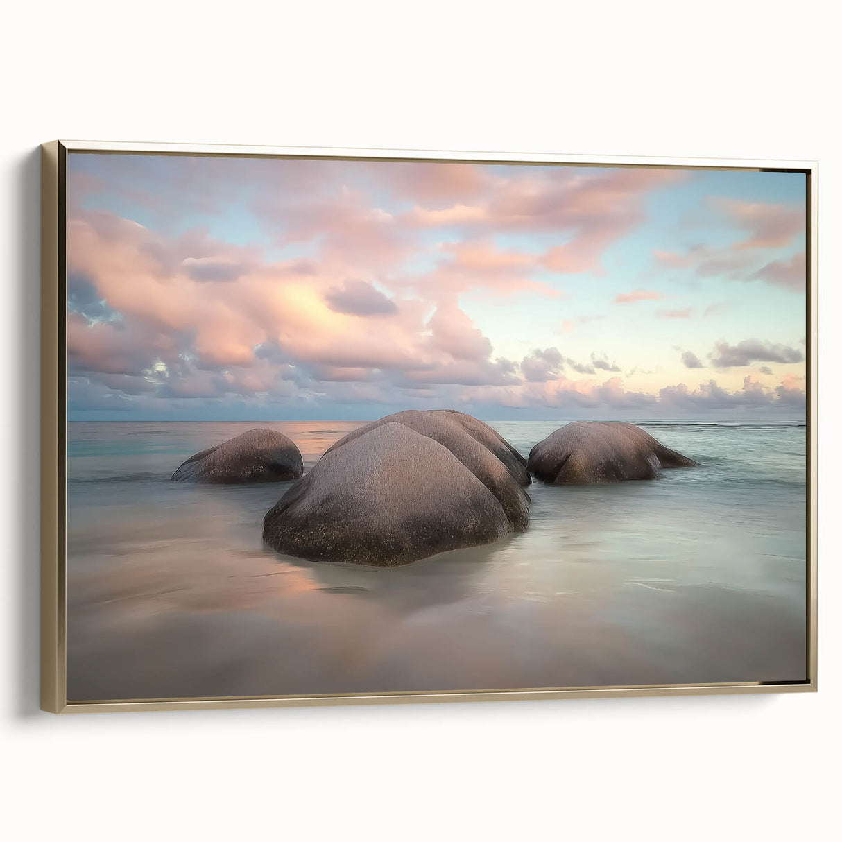 Framed canvas artwork showcasing a serene beach landscape with golden accents, perfect for home decor and enhancing interior spaces with a coastal vibe.
