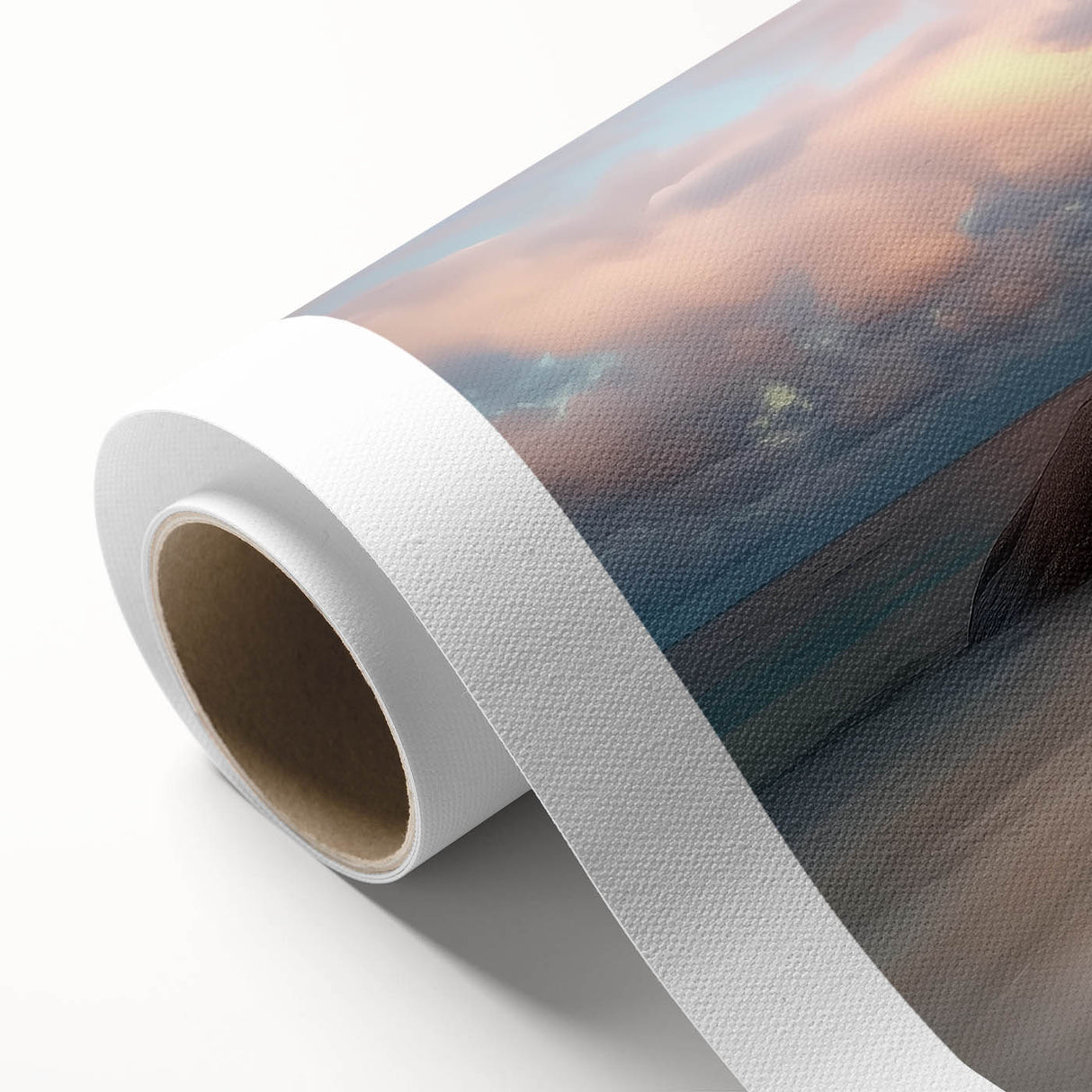 Rolled canvas depicting a serene beach landscape with soft waves and a vibrant sunset, elegantly packaged in a protective cardboard tube for easy transport.
