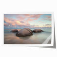 Vibrant rolled print showcasing a serene beach landscape with soft waves and a clear blue sky, packaged securely in a protective cardboard tube for safe delivery.