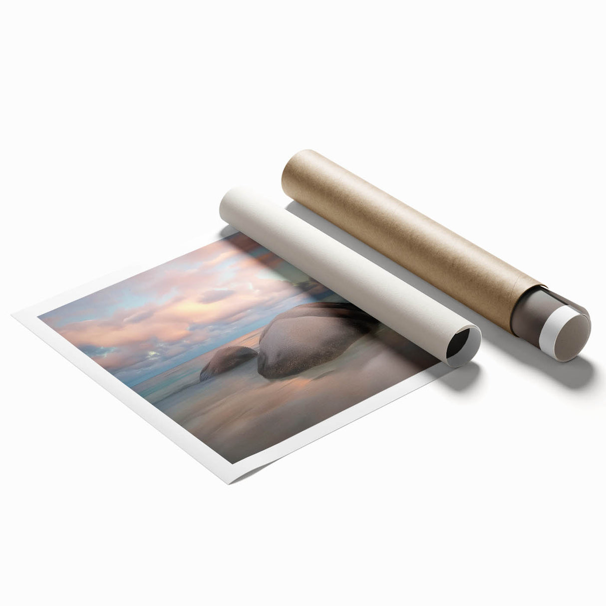 Stunning landscape beach print rolled in a protective tube, showcasing vibrant colors and intricate details of sandy shores and blue waters, perfect for home decor.