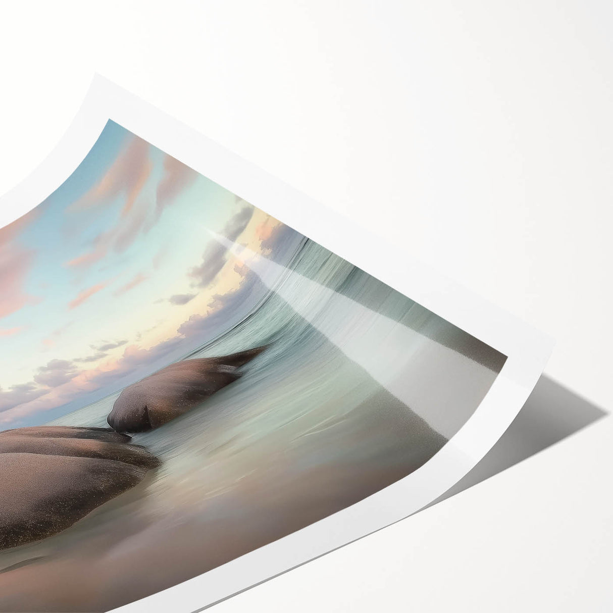 Vibrant rolled canvas print showcasing a serene beach landscape, featuring soft waves and golden sand under a clear blue sky, packaged securely in a protective tube.
