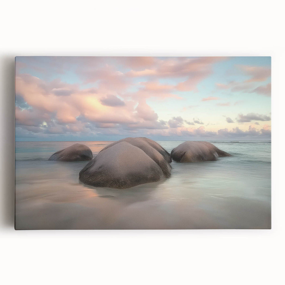 Stretched canvas artwork depicting a serene beach landscape, showcasing vibrant blue skies and soft white sand, perfect for coastal-themed decor and relaxation.