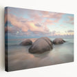 Stretched canvas artwork showcasing a serene beach landscape with vibrant colors, perfect for home decor. Side view highlights the canvas depth and texture.