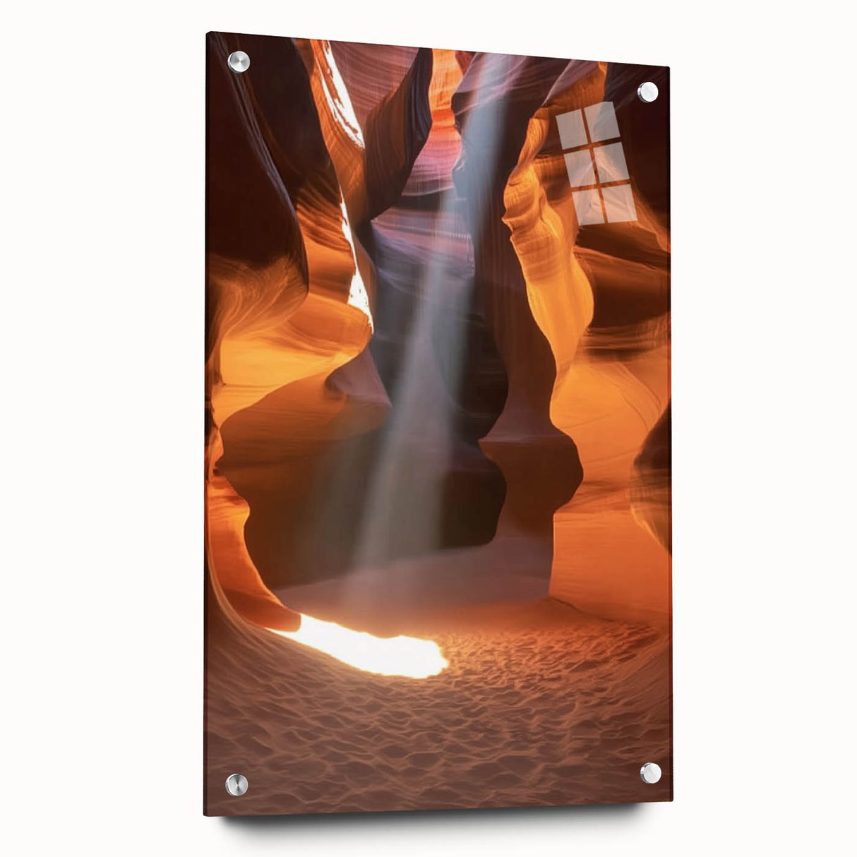 Acrylic landscape artwork depicting dramatic canyons in vibrant colors, showcased in a side view with pin mounting. Ideal for enhancing modern home decor.