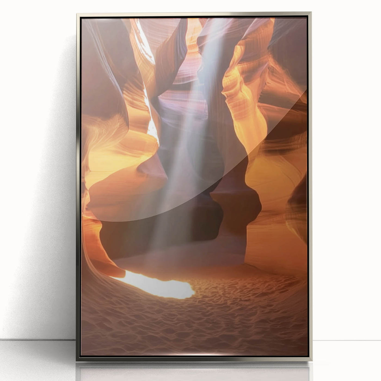 Framed acrylic artwork showcasing a stunning landscape of canyons, featuring rich earthy tones and intricate details, ideal for modern home decor.