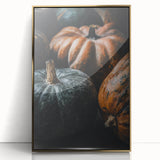 Large art print of a mid-century modernist fall scene in acrylic, framed in gold, suited for modern nursery decor.