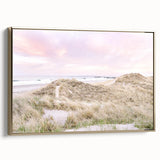 Vintage poster-style landscape painting on a framed canvas, featuring muted earth tones, ideal for bedroom wall art.